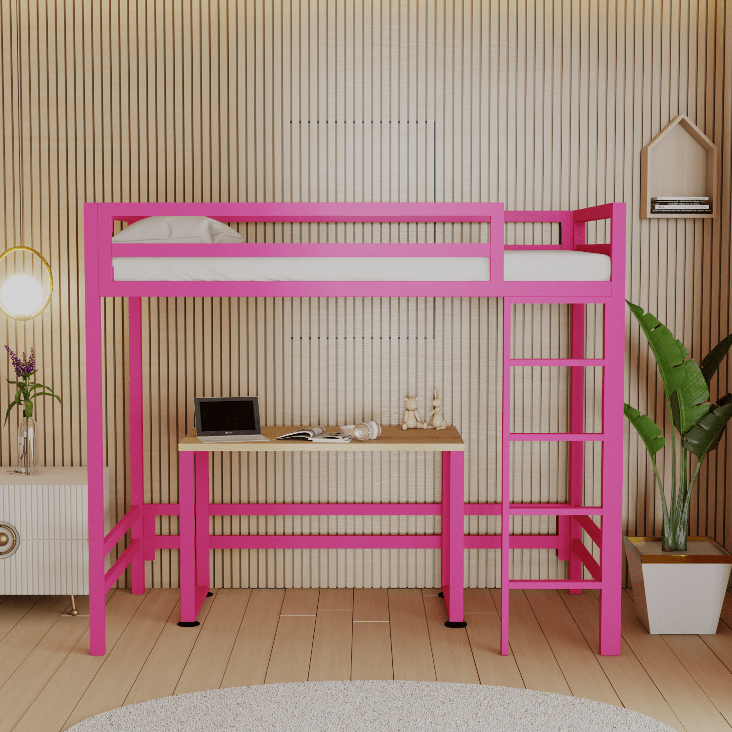 Litera con Escritorio de acero Rosa Vibrante - Literas MX