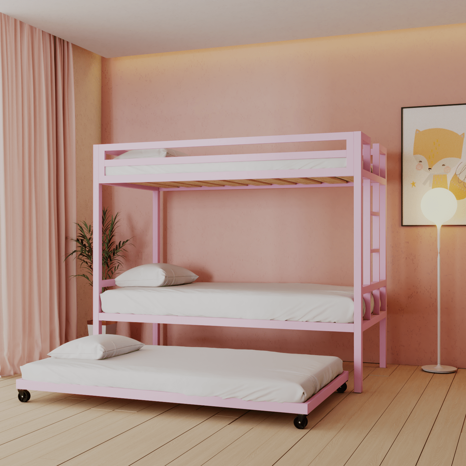 Litera Triple Individual con Canguro de acero Rosa Nube - Literas MX