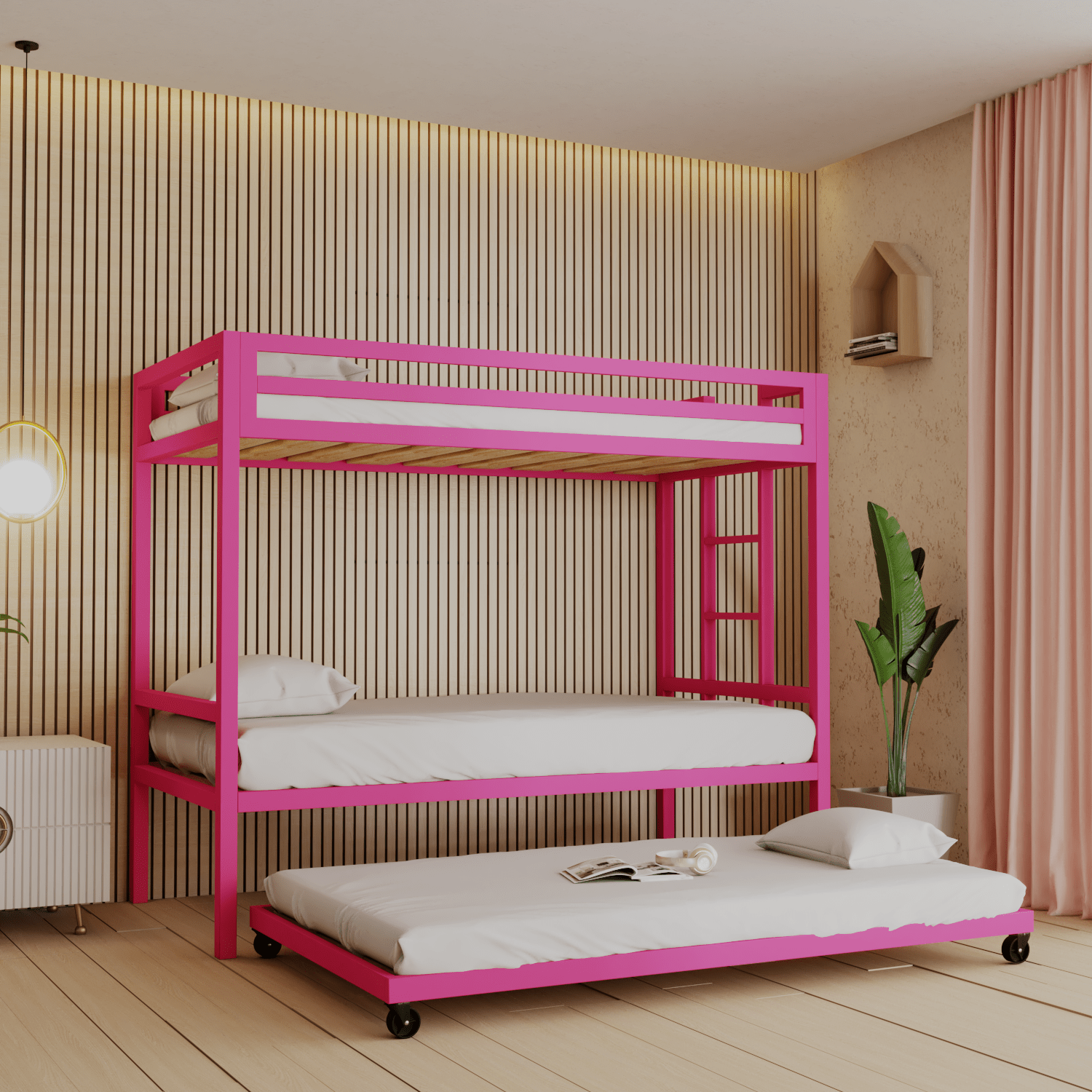 Litera Triple Individual con Canguro de acero Rosa Vibrante - Literas MX