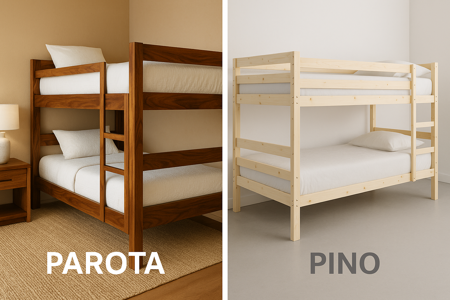 Comparativa litera de parota (lujo) vs pino (económica) - Madera maciza vs blanca, diferencias en durabilidad y estilo para habitaciones