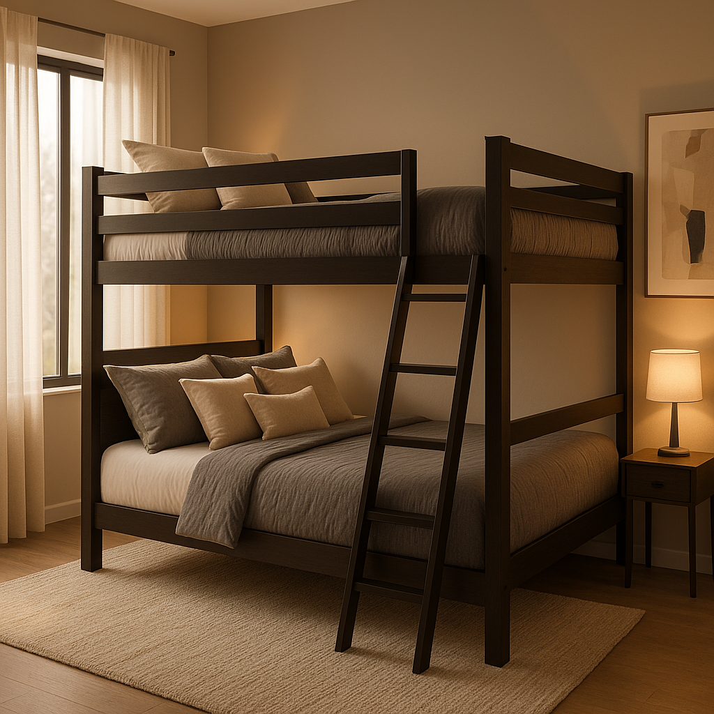 Litera matrimonial moderna de madera en dormitorio pequeño 2025 - Diseño espacioso con cama doble abajo y área de estudio arriba, optimizando espacios reducidos con estilo