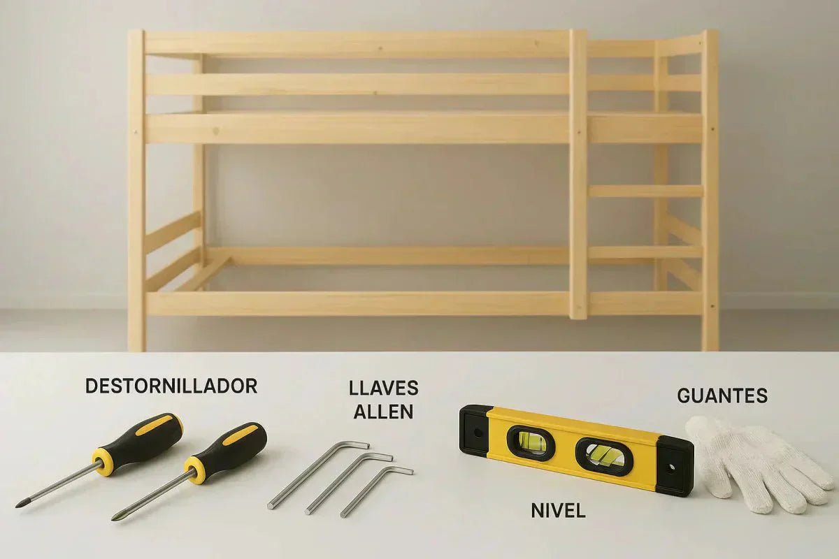 Guía visual de herramientas esenciales para montaje de literas seguro y preciso.