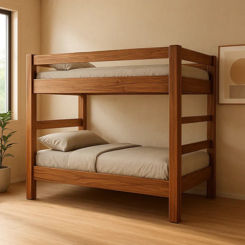 Litera matrimonial doble de madera sólida de parota con vetas naturales visibles, acabados elegantes.